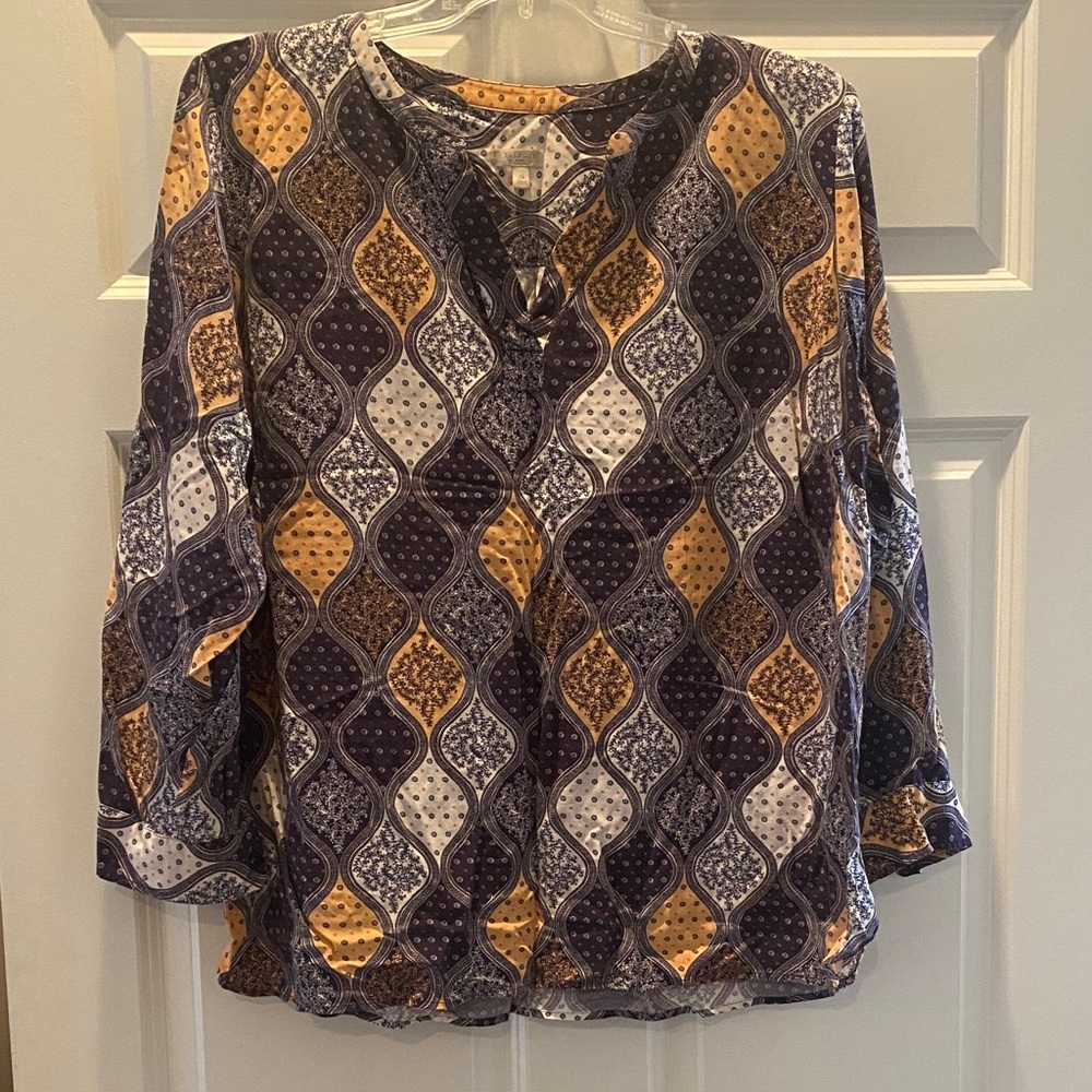 Talbots Navy and Gold Patterned Blouse